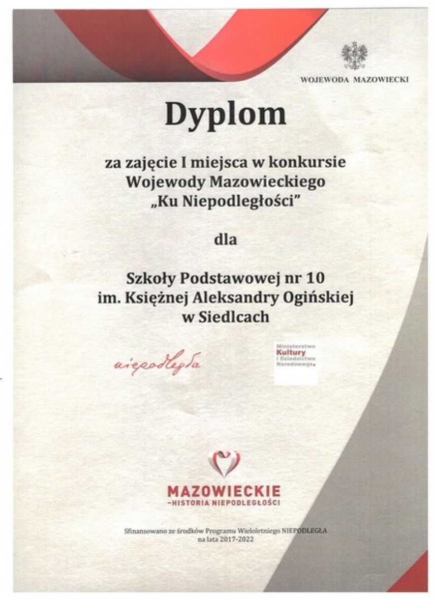 Wielki sukces naszych uczniów w konkursie &quot;Ku Niepodległej&quot;