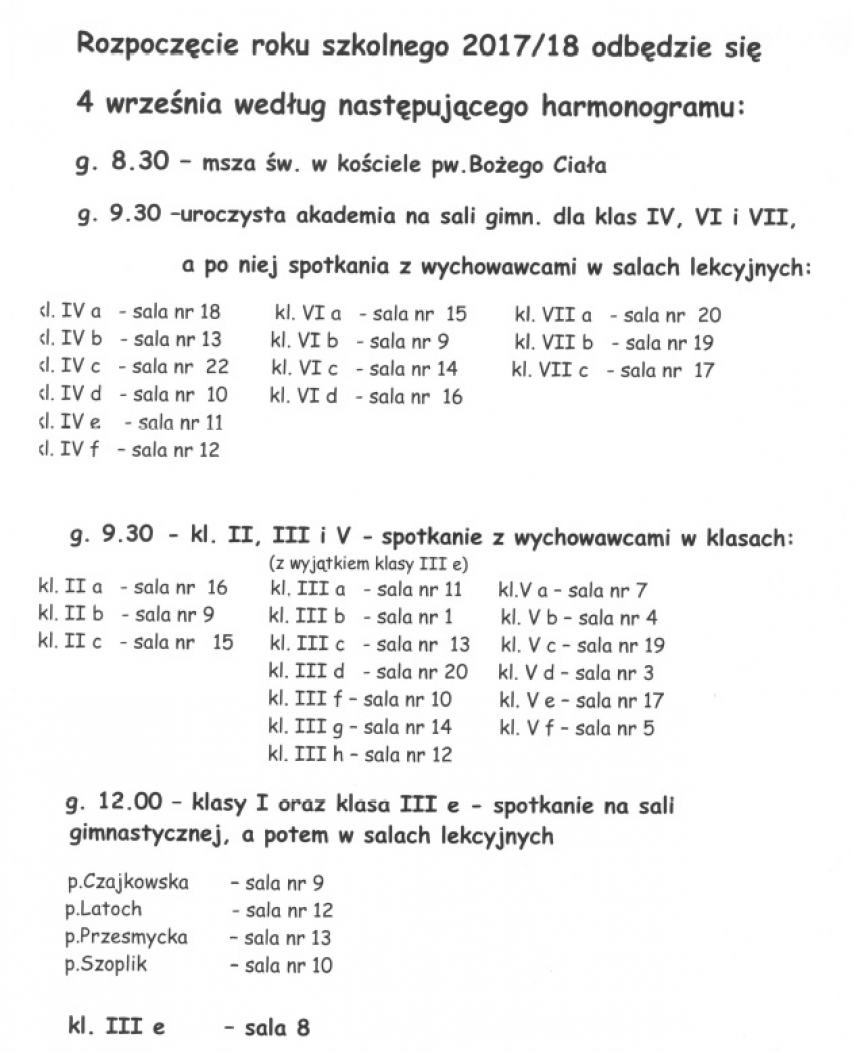 Przydział sal na spotkania z wychowawcami w dniu  rozpoczęcia roku szkolnego - 4 września 2017 r.
